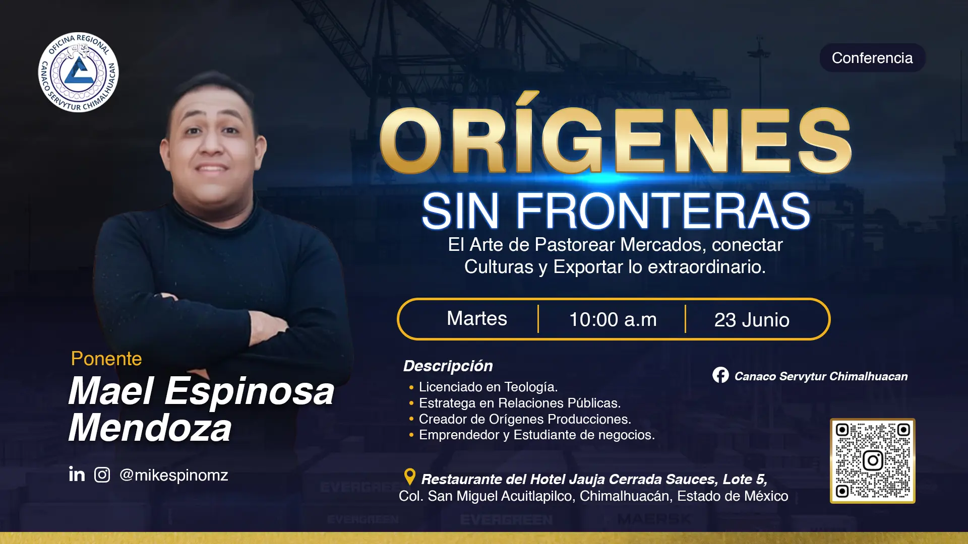 Orígenes sin fronteras conferencia CANACO Servytur Chimalhuacán Mael Espinosa Mendoza